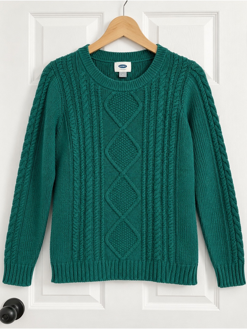 Old Navy Emerald Green Cable Knit Sweater Women's M Fall Crew Neck 60% Cotton